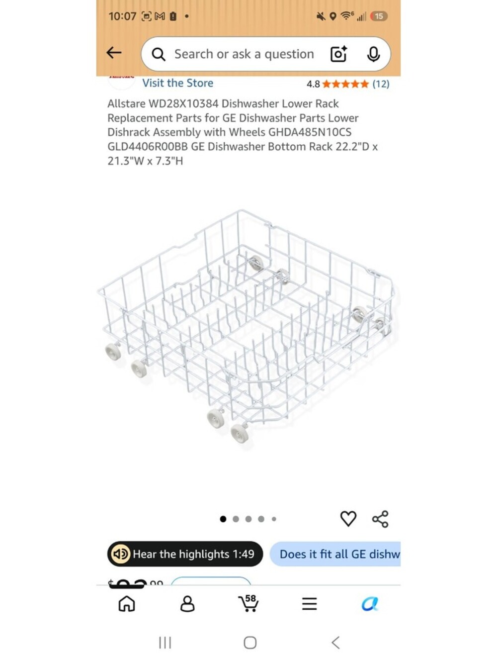 Allstare WD28X10384 Dishwasher Lower Rack Replacement for GE Dishwashers with GD